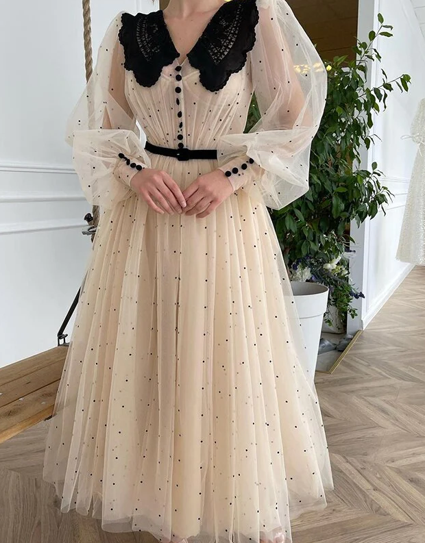 New Arrival Champagne V-Neck Long Puff Sleeves Dot Tulle Prom Dress Elegant A-Line Tea Length Evening Dress fg421