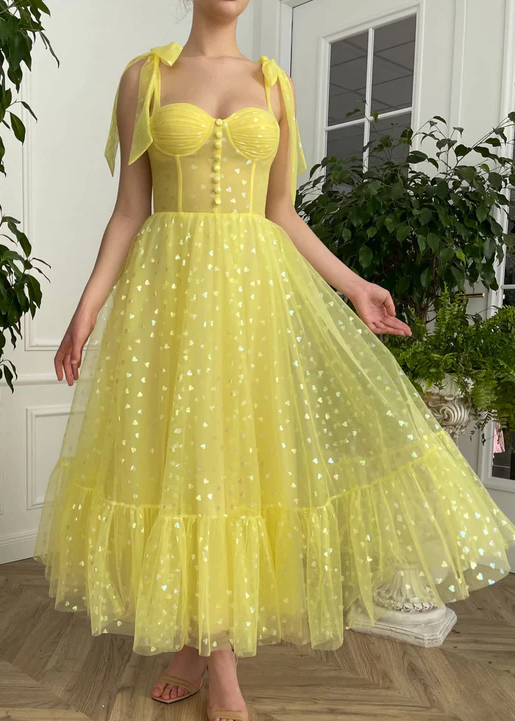 Yellow sweetheart neck tulle short prom dress, yellow evening dress fg428