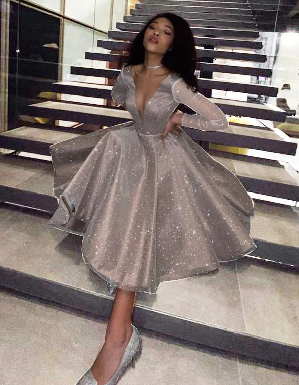 V- NECK LONG SLEEVES MEDIUM LENGTH WEDDING PARTY DRESS PROM GOWNS fg430