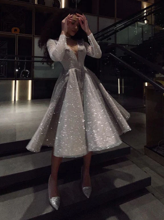 V- NECK LONG SLEEVES MEDIUM LENGTH WEDDING PARTY DRESS PROM GOWNS fg430