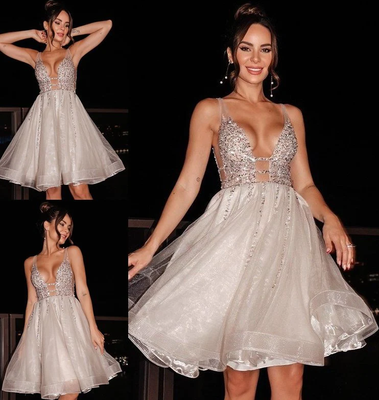 A-Line/Princess Sleeveless Beading Tulle V-neck Short/Mini Homecoming Dresses fg433