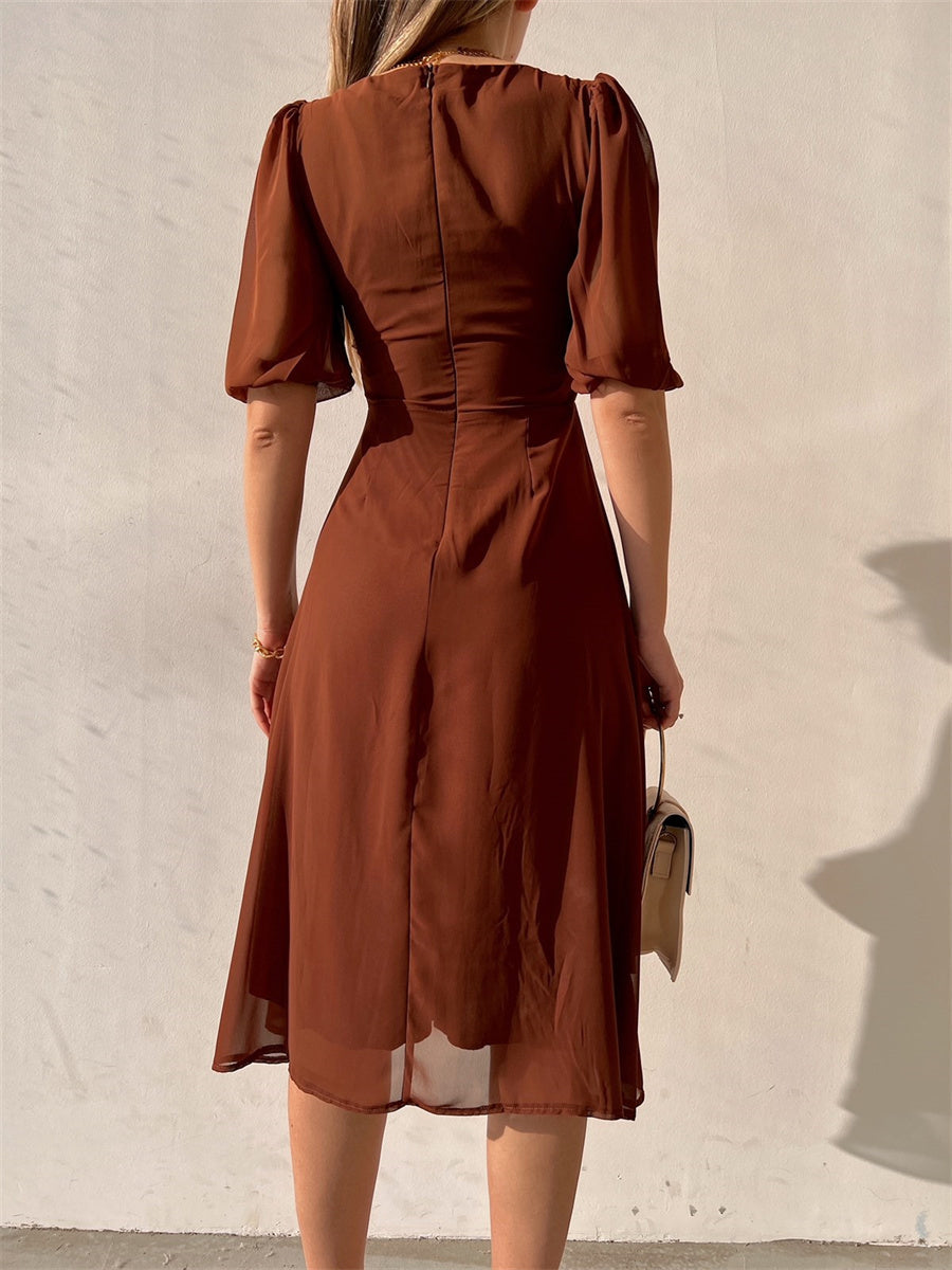 Outfits Mesh Puff Sleeve Midi Dress Fashion Women Lace Prom Dress fg434