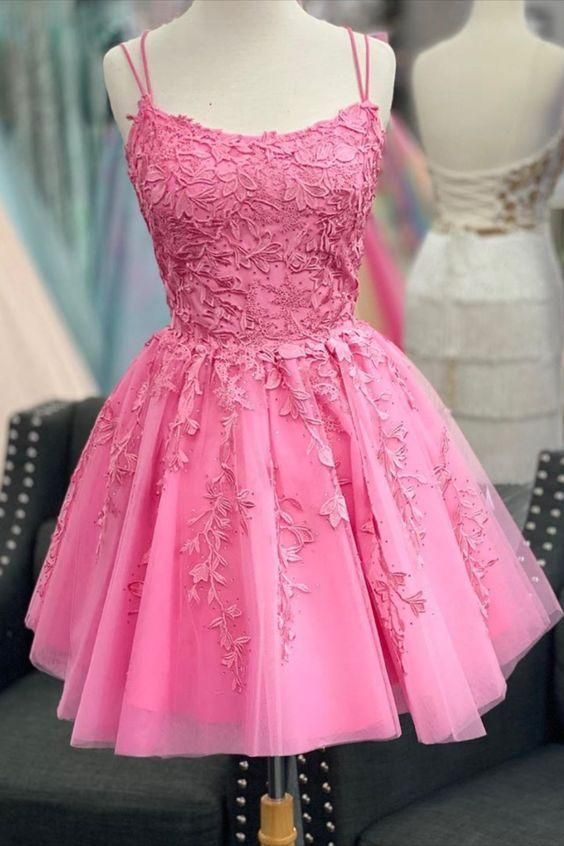 A-line hot pink lace appliqued short homecoming dress 16st birthday dress fg445