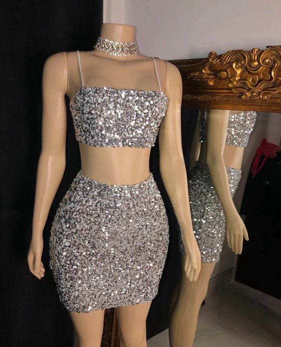 Glitter Shinny Evening Dresses Short 2 Piece Silver Mermaid Sexy Formal Dresses Short Prom Dress fg447
