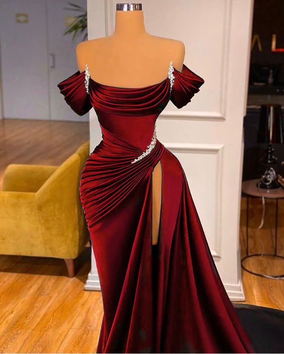 STUNNING OFF-THE-SHOULDER MERMAID PROM DRESS RUFFLES WITH HIGH SPLIT fg452