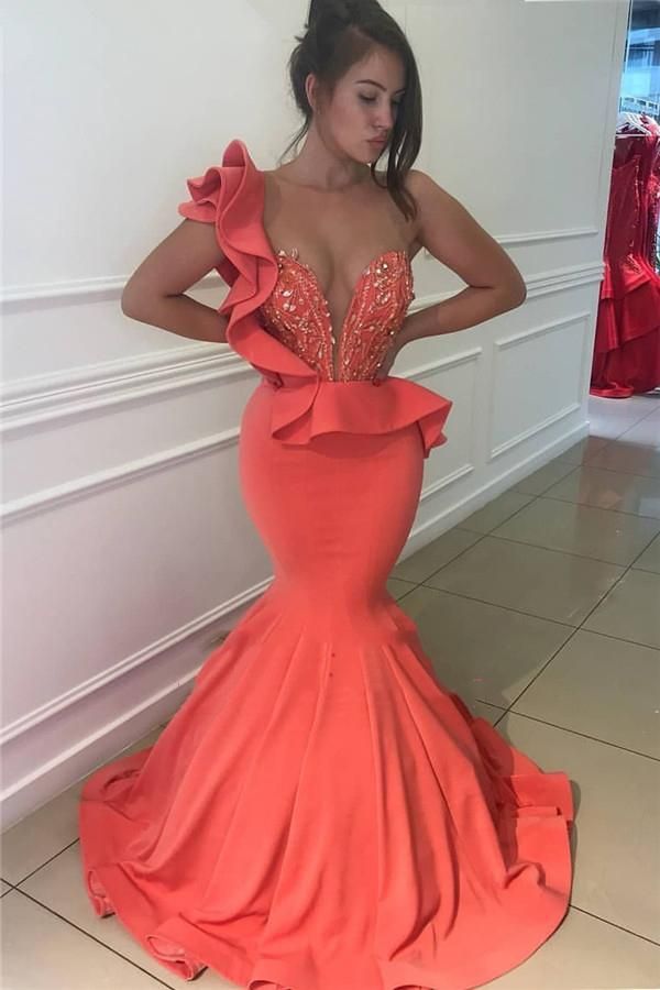 2023 Sexy Mermaid Prom Dresses Satin Coral One Shoulder Beaded Sweetheart Ruffles fg459