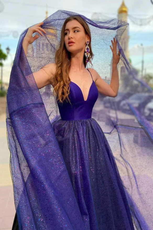 hiny V Neck Backless Tulle Long Prom Dresses Backless Formal Dresses fg482