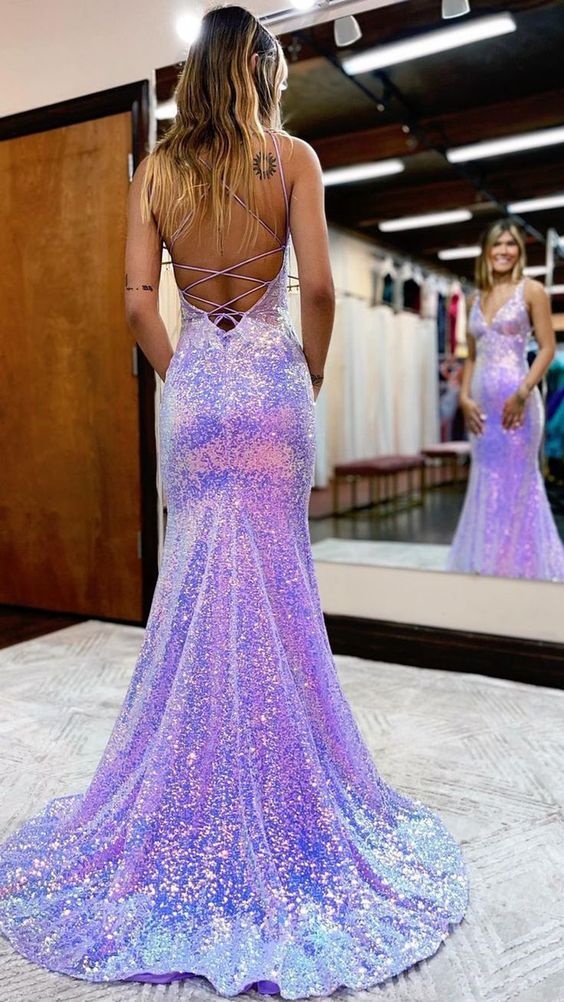 Plunging V-Neck Sequins Sparkly Prom Dress fg49
