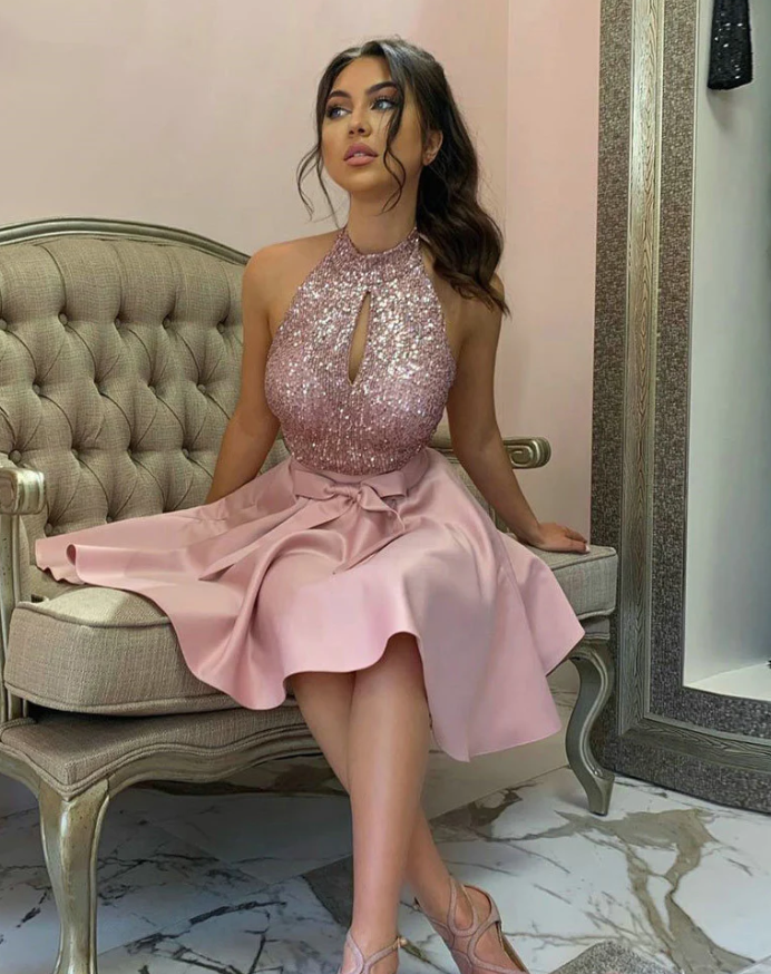 Sequins Dust Pink Halter Short Prom Dress Girls Short Homecoming Graduation Dress fg501