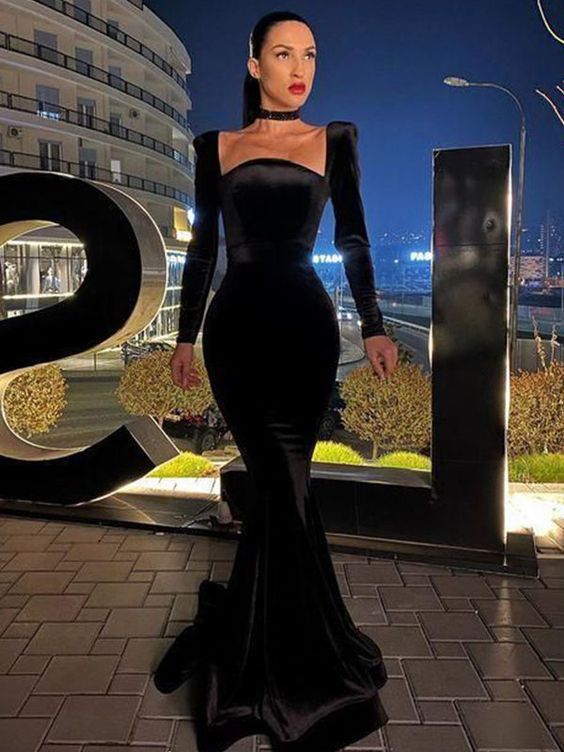 Sheath Velvet Square Long Sleeves Sweep/Brush Train Dresses Prom Dress fg510