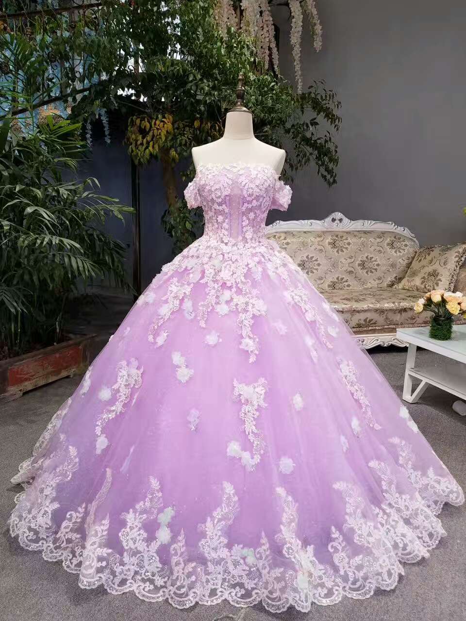 New Arrival Floral Wedding Dresses A-Line Floor Length Lace Up Off The Shoulder Ball Gown With Beads And Appliques fg513