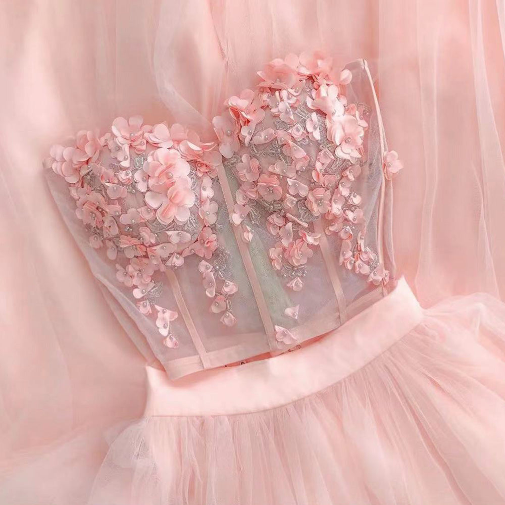 two piece prom dresses, hand made flowers prom dresses, long evening dresses, a line prom dresses, pink prom dresses fg520