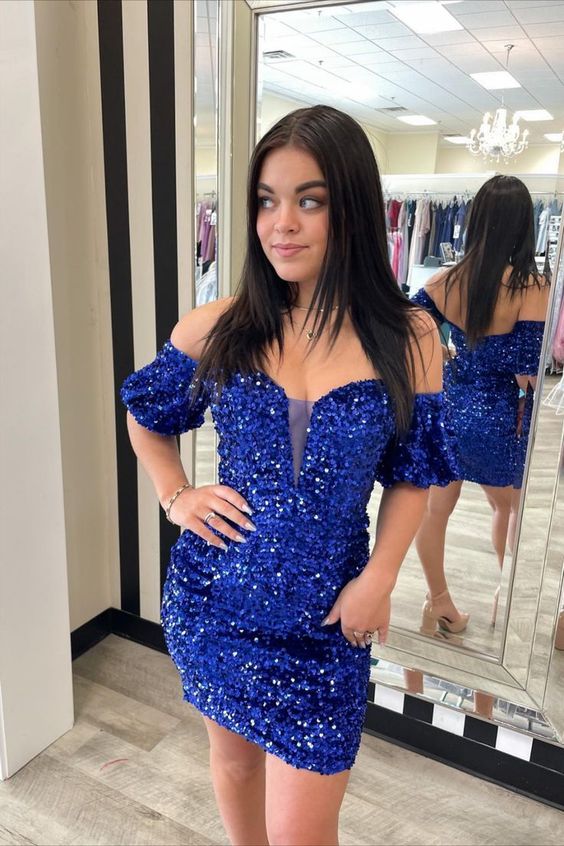 Royal Blue Homecoming Dress with Puff Sleeves fg54