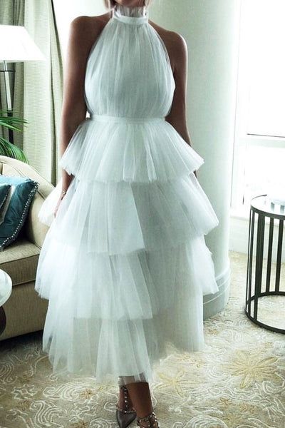 White High Neck Tea Length Sleeveless Backless Cascading Ruffles Tulle Prom Dress fg545