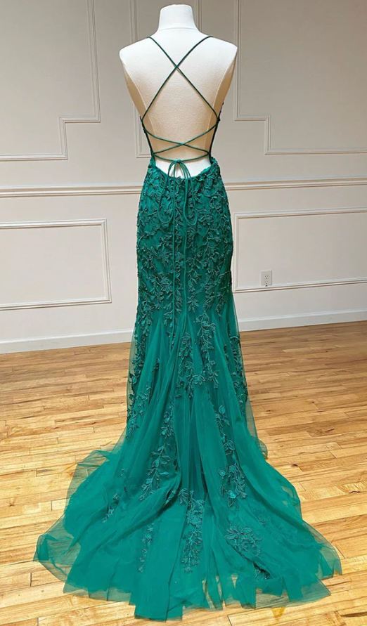 Open Back Green Mermaid Lace Prom Dresses, Backless Green Mermaid Lace Formal Evening Dresses fg569