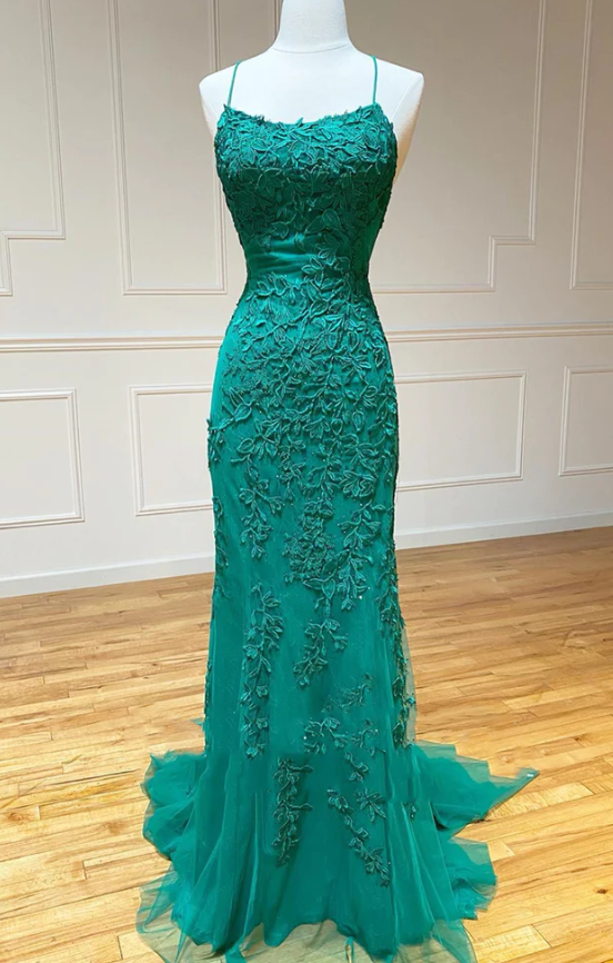 Open Back Green Mermaid Lace Prom Dresses, Backless Green Mermaid Lace Formal Evening Dresses fg569