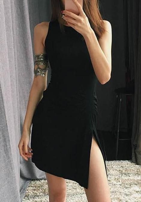 Casual Black Plain Side Slit Round Neck Mini Homecoming Dress fg57