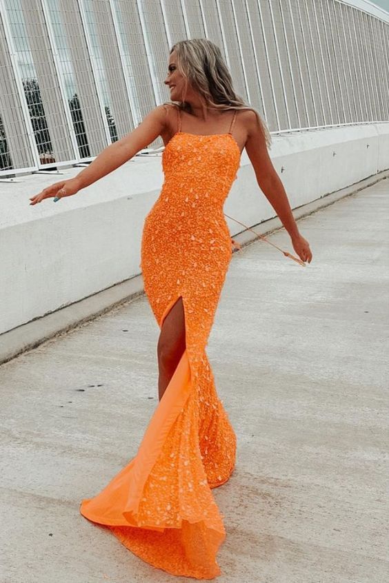 sparkle mermaid orange sequins long prom dress with slit fg62