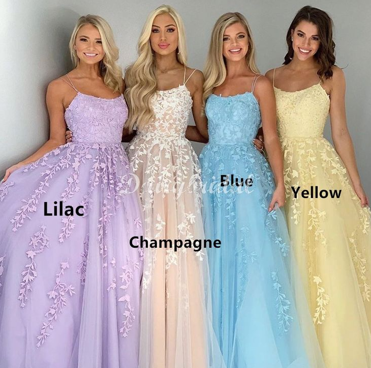 Spaghetti straps tulle prom dresses applique evening gown long party dress fg661