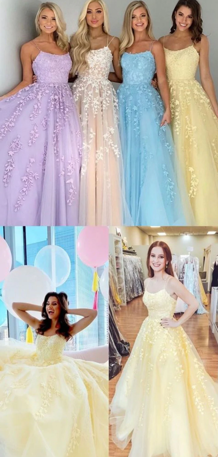 Spaghetti straps tulle prom dresses applique evening gown long party dress fg661