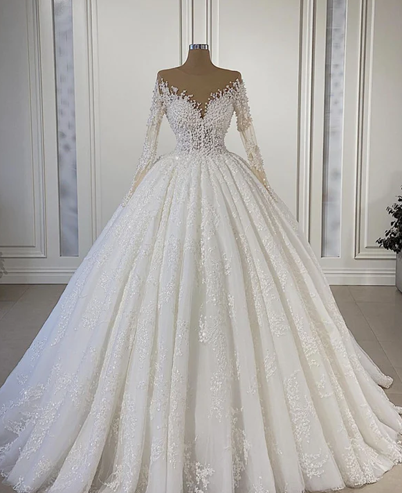 Sheer Neck Lace Wedding Dress Ball Gown Long Sleeves fg711