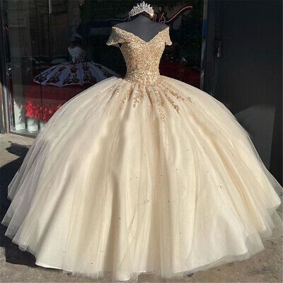 Off the Shoulder Quinceanera Dresses Champagne Lace Appliqued Beaded Ball Gowns fg714