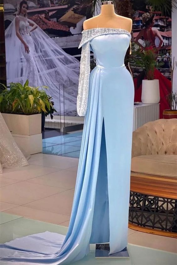 One Shoulder Strapless Floor-length Backless High Split Sheath Prom Dress fg724