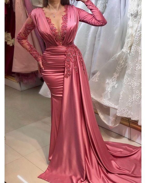 Lace Beaded Mermaid Prom Dresses Sheer Neck Long Sleeves Evening Formal Party Dress fg728