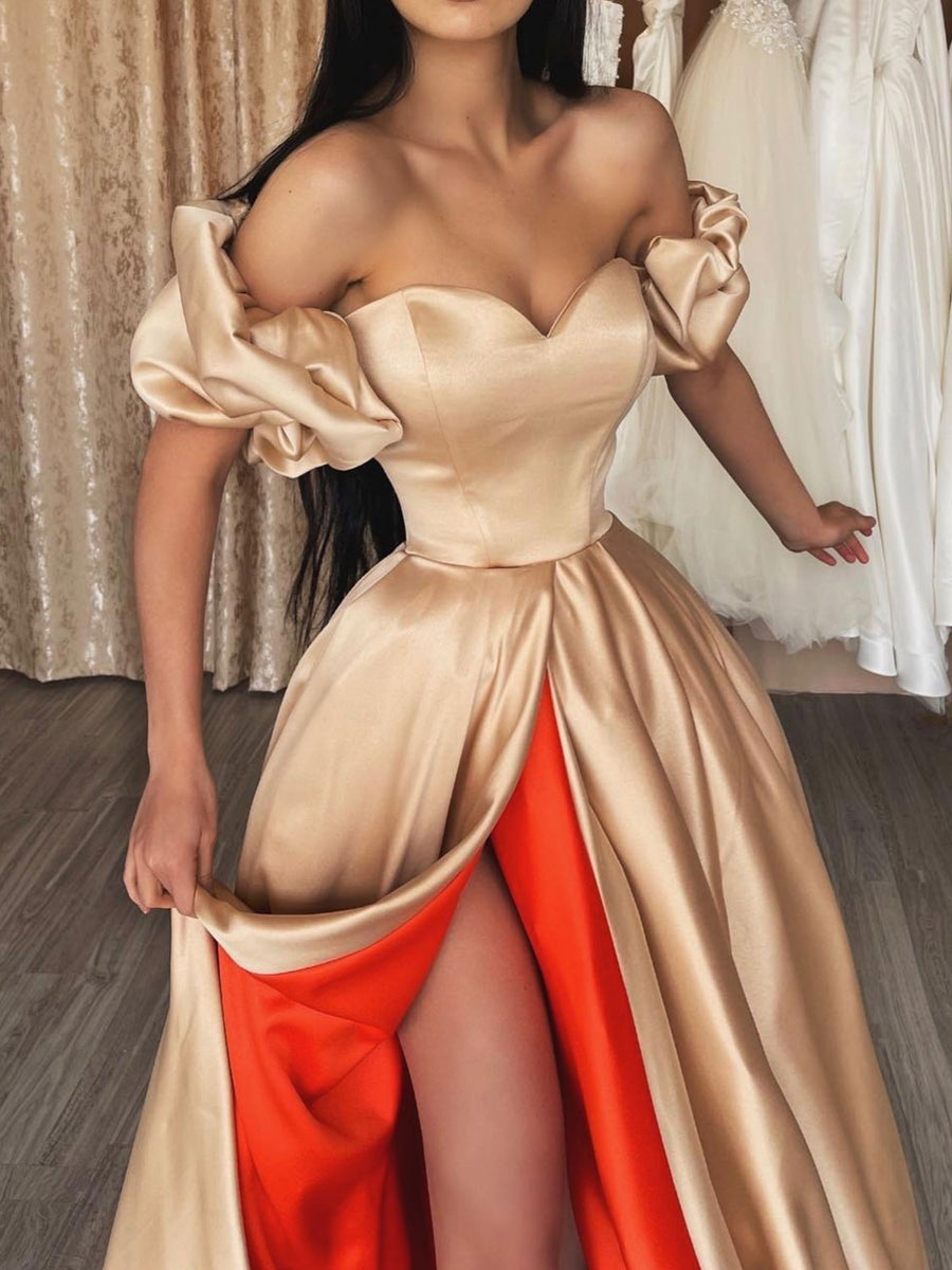 CHAMPAGNE SATIN LONG PROM DRESS, CHAMPAGE EVENING DRESS fg78