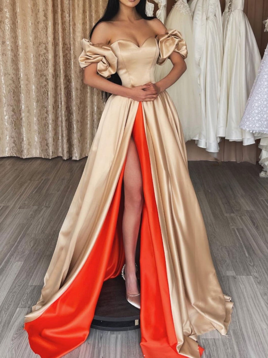 CHAMPAGNE SATIN LONG PROM DRESS, CHAMPAGE EVENING DRESS fg78