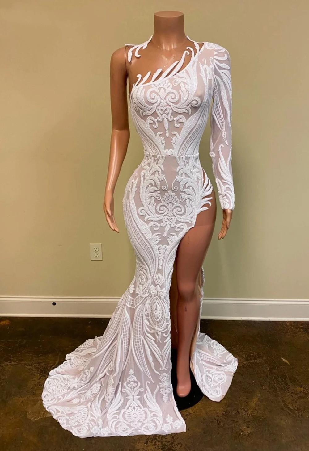 Sparkly Elegant Evening Dresses 2022 Sexy Mermaid Single Long Sleeve White Sequin African Black Girl High Slit Prom Dress fg79