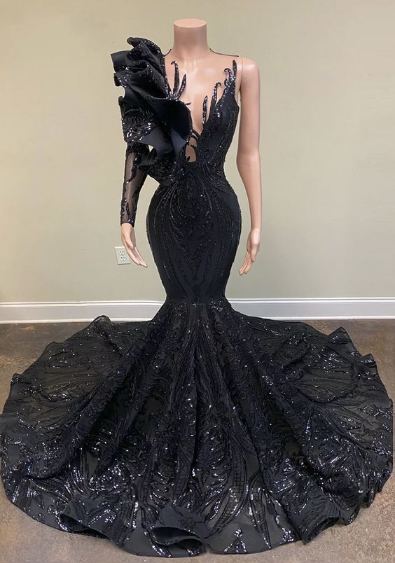 Black prom dresses, one shoulder prom dresses, lace prom dresses, arabic evening dresses, mermaid evening dress fg81