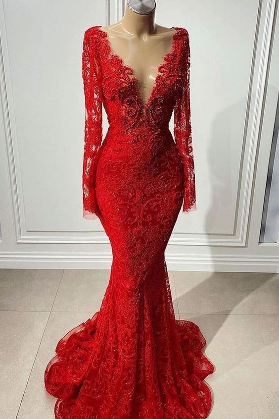 Red prom dresses,long sleeve mermaid prom dresses fg812