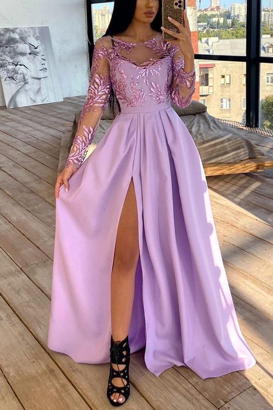 Purple long-sleeved hot-stamped sequined dress fg815