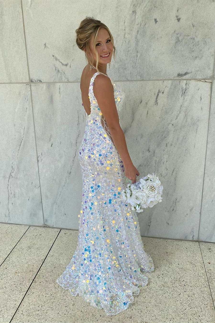 Mermaid V-Neck Sequined Long Prom Dress fg82
