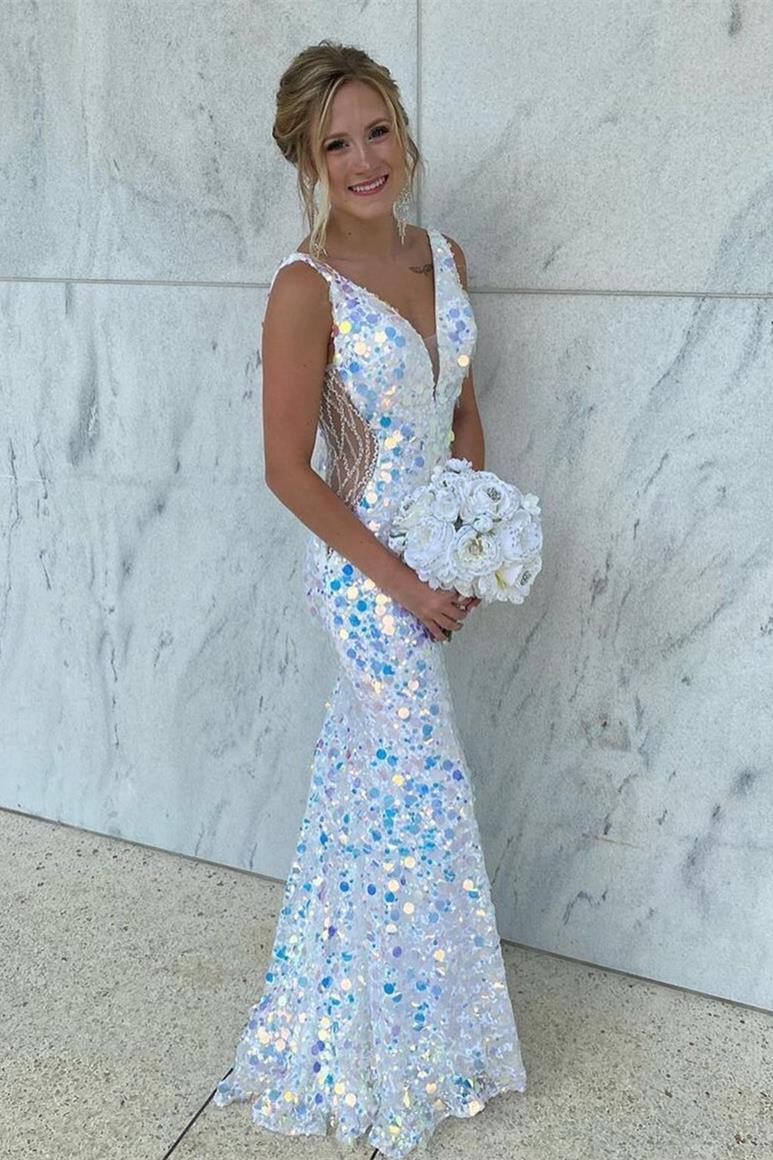 Mermaid V-Neck Sequined Long Prom Dress fg82