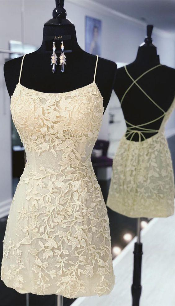 tight yellow lace homecoming dresses, short yellow homecoming dress with lace up back fg822