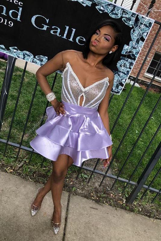 V Neck Purple Strapless Homecoming Dresses Satin Sequins Above Knee Short Prom Dress fg829