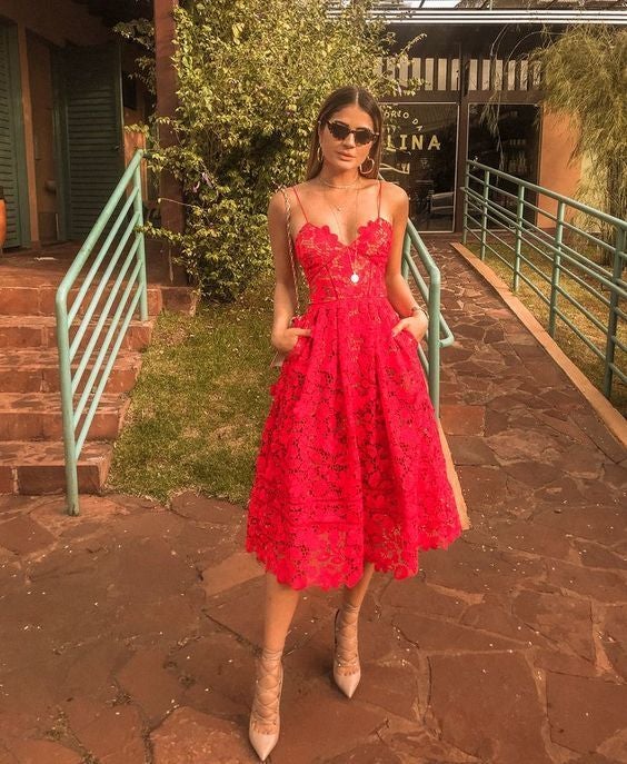 A-line Straps Red Prom Dress Lace fg834