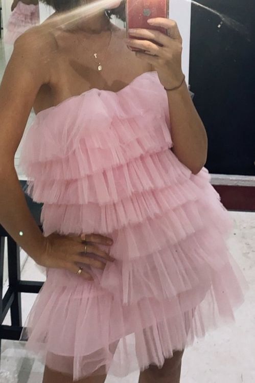 Tiered Tulle Pink Homecoming Dress, Princess Strapless Short Prom Dress fg838