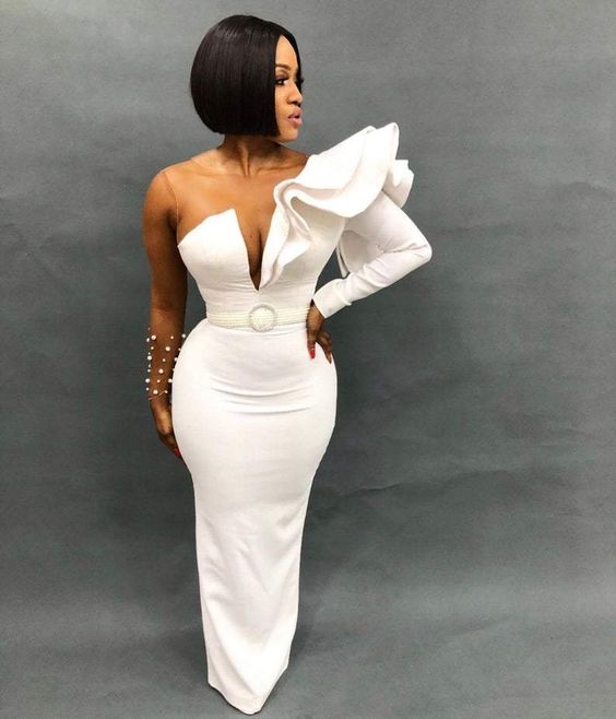 Mermaid V-Neck White Long Prom Dress fg83