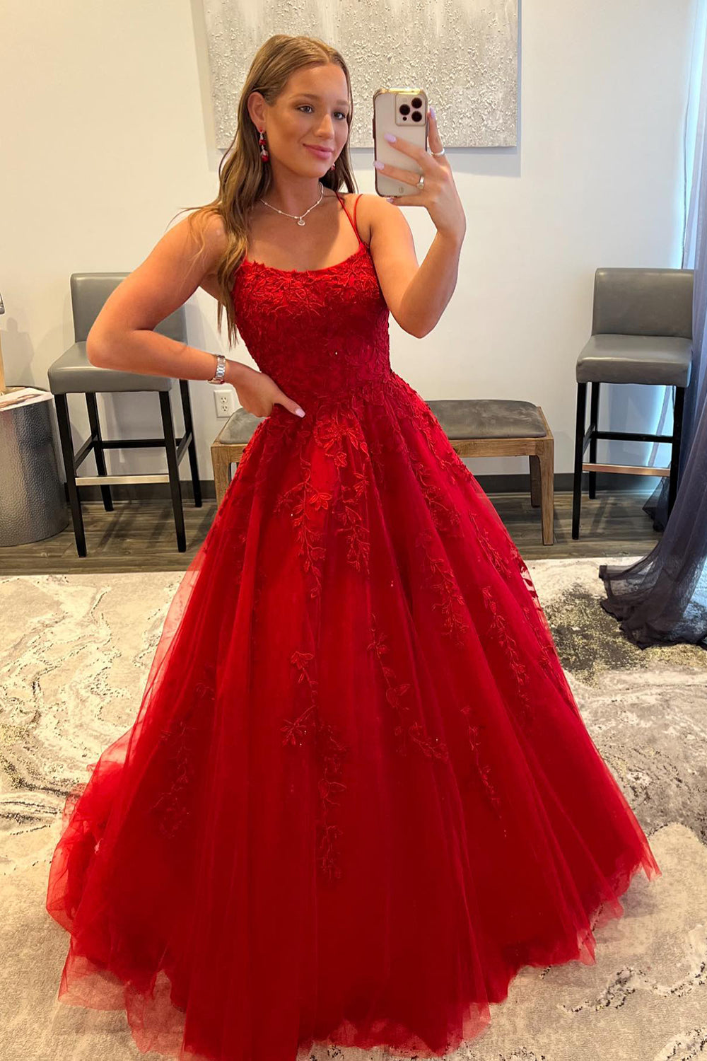 Red Spaghetti Straps Long Prom Dress with Appliques fg84