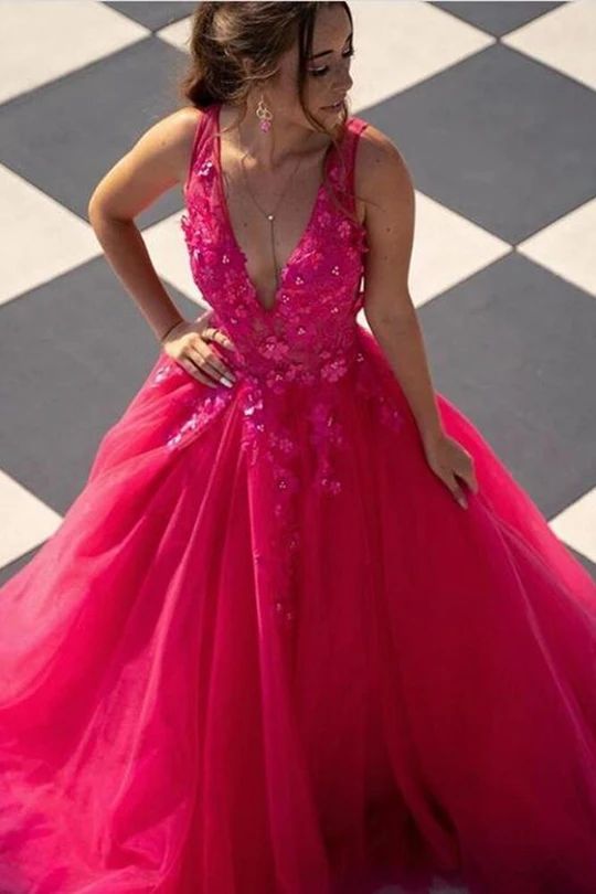 Deep V-neck Tulle Long Prom Dresses with Appliques and Beading fg85