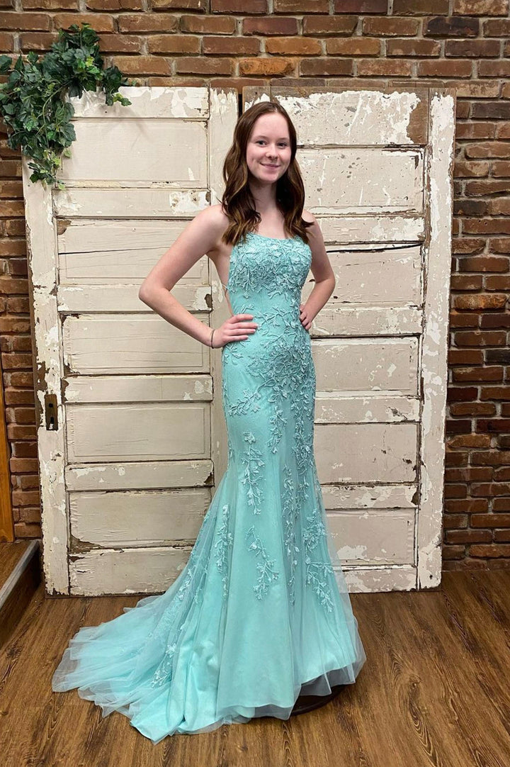 Green lace long prom dress mermaid evening dress fg90