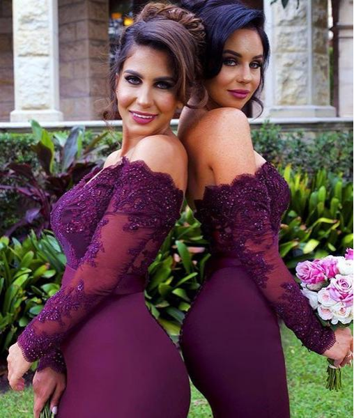 Custom Made Off Shoulder Mermaid Maroon Long Sleeves Lace Prom Dresses, Burgundy Lace Bridesmaid Dresses, Formal Dresses fg911