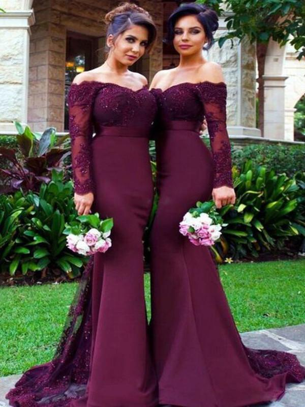 Custom Made Off Shoulder Mermaid Maroon Long Sleeves Lace Prom Dresses, Burgundy Lace Bridesmaid Dresses, Formal Dresses fg911