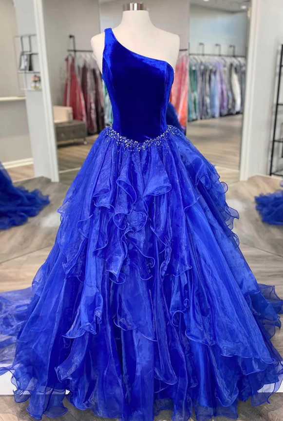 Blue velvet tulle long prom dress A-line evening dress fg953