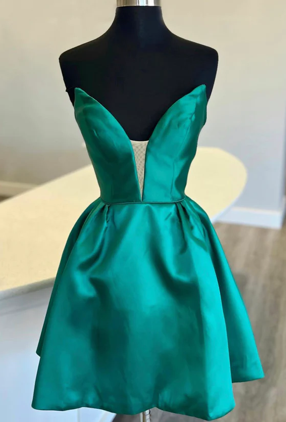 Green satin short prom dress homecoming dress fg954