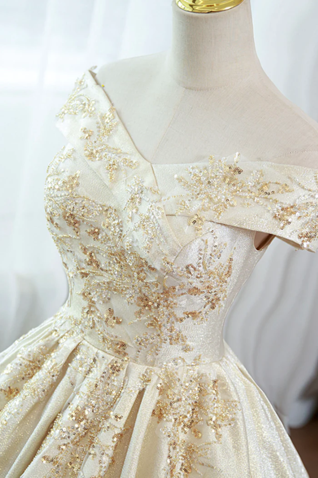 Champagne satin lace long ball gown dress formal dress fg957