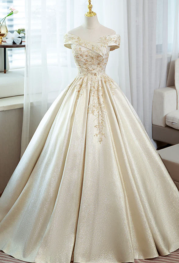 Champagne satin lace long ball gown dress formal dress fg957